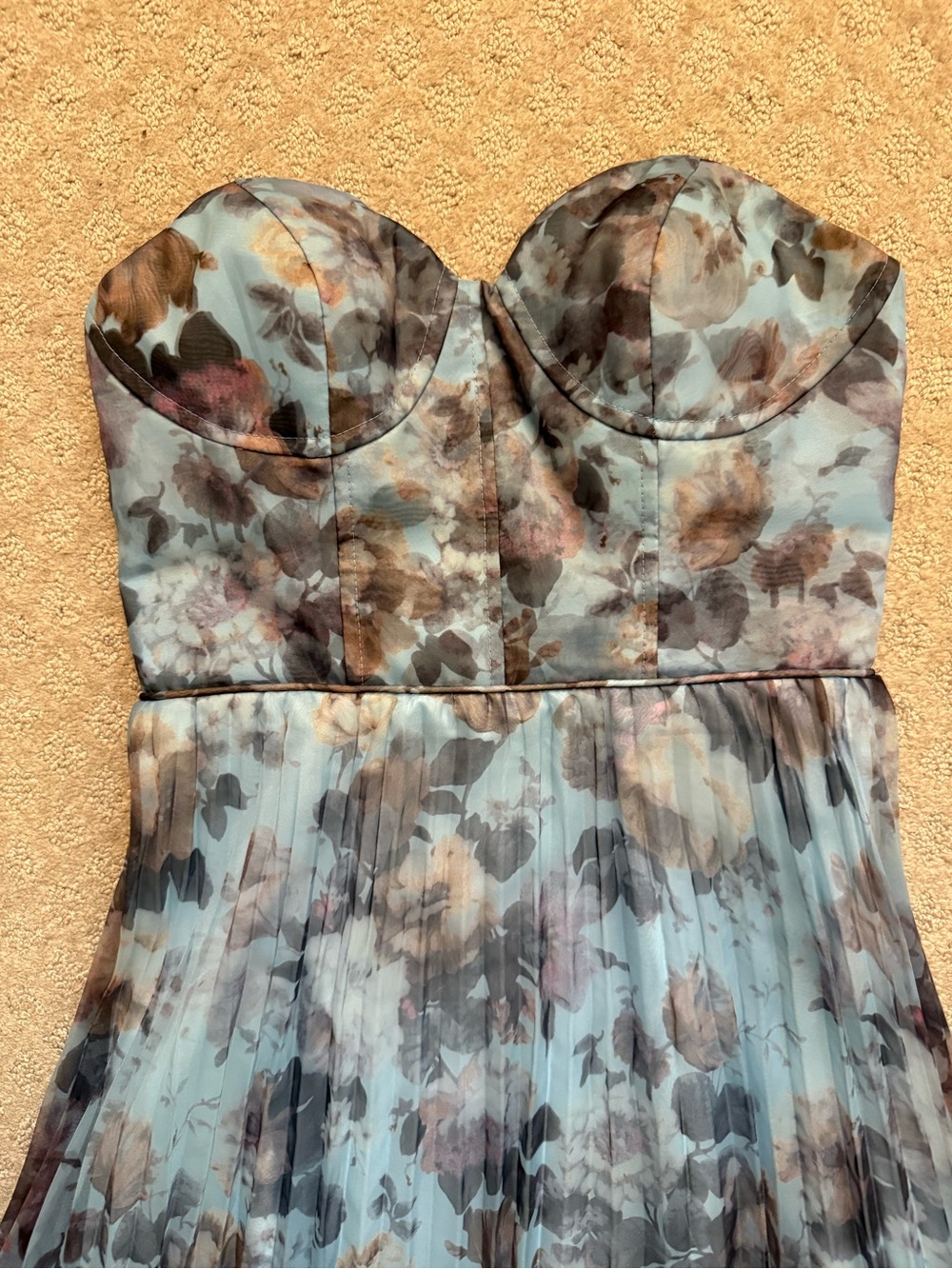 Lulu's Strapless Blue Floral Pleated Organza Gown Most Beautiful Day Maxi Dress - Picture 7 of 11